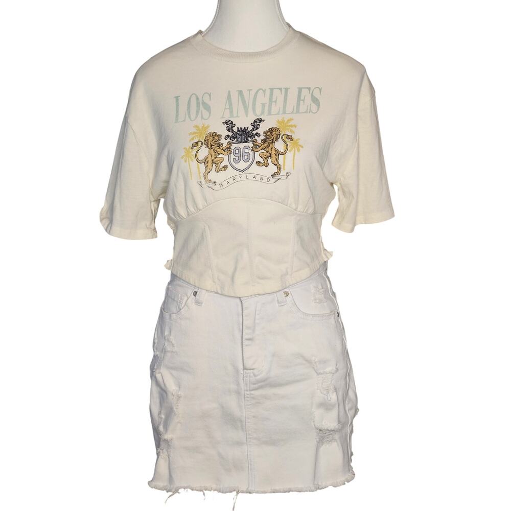 Outfit Blue Savvy -L- White Mini Denim Skirt 27"W & -M- Los Angeles Tee (C-39)